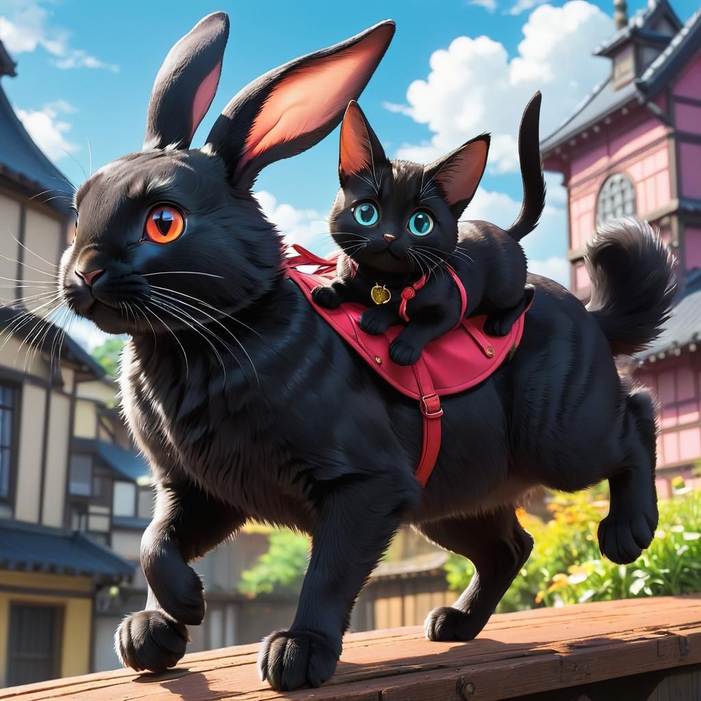 Tiny cat on the back of a rabbit