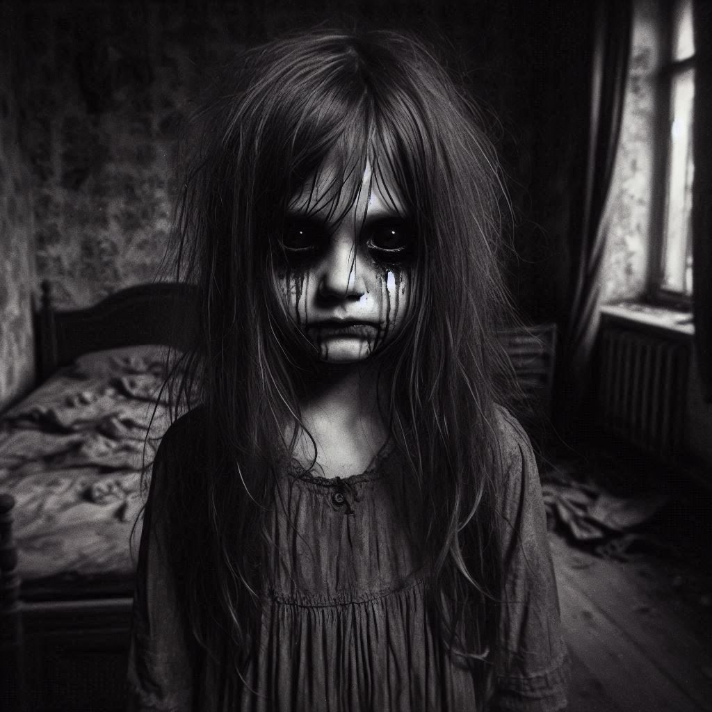 Creepy girl in an abandoned house