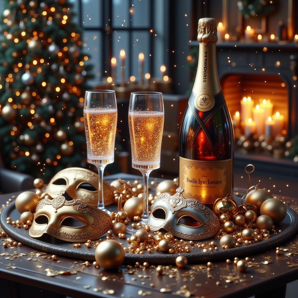<lora:Winter Feiertage:1.0> champagne glasses and a champagn...