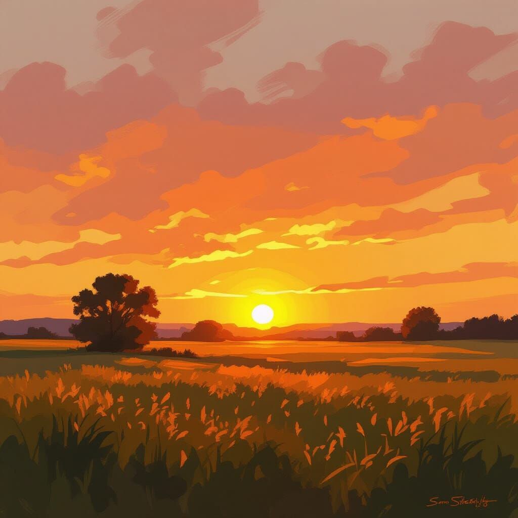 Impressionist Sunset Landscape in Golden Light
