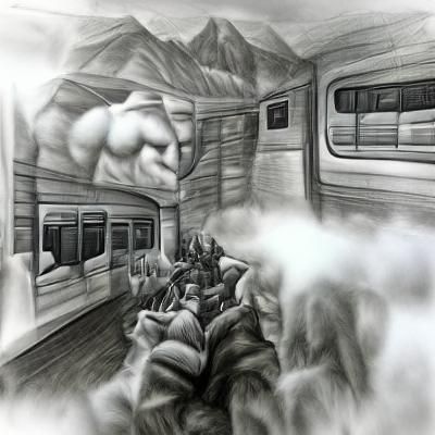 Train ride to Montana ambient occlusion charcoal drawing bea...
