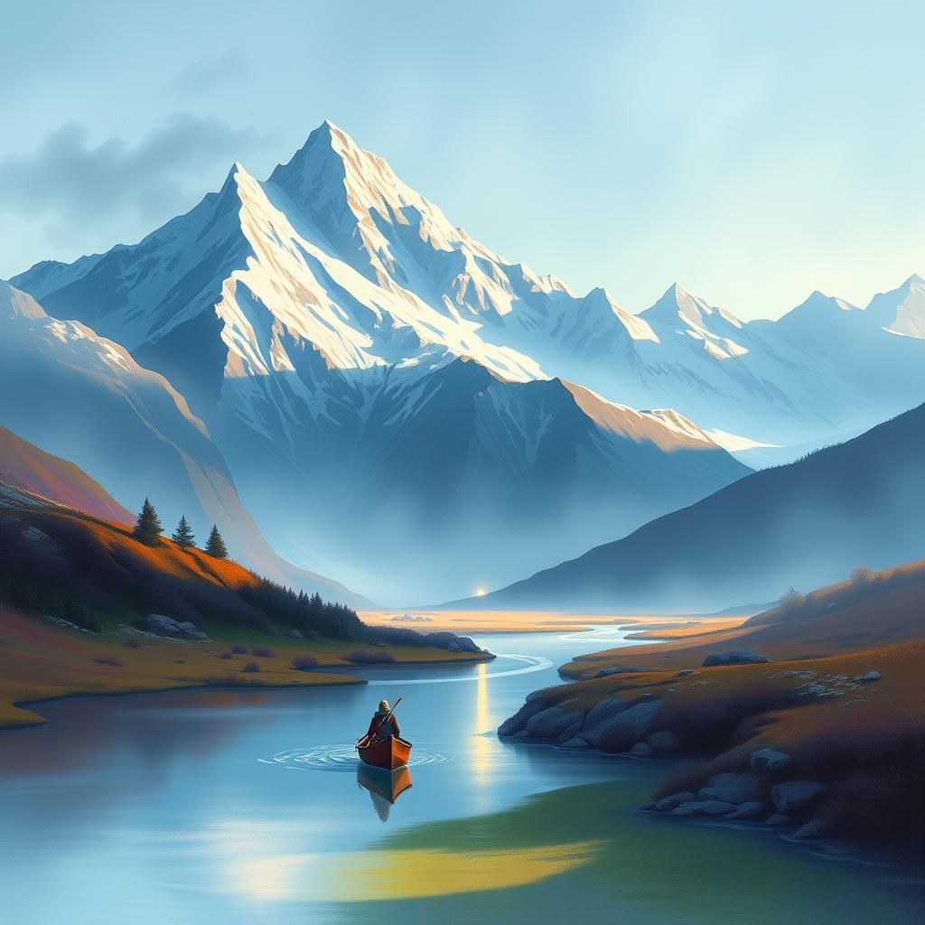A serene landscape painting with a small stream running thro...