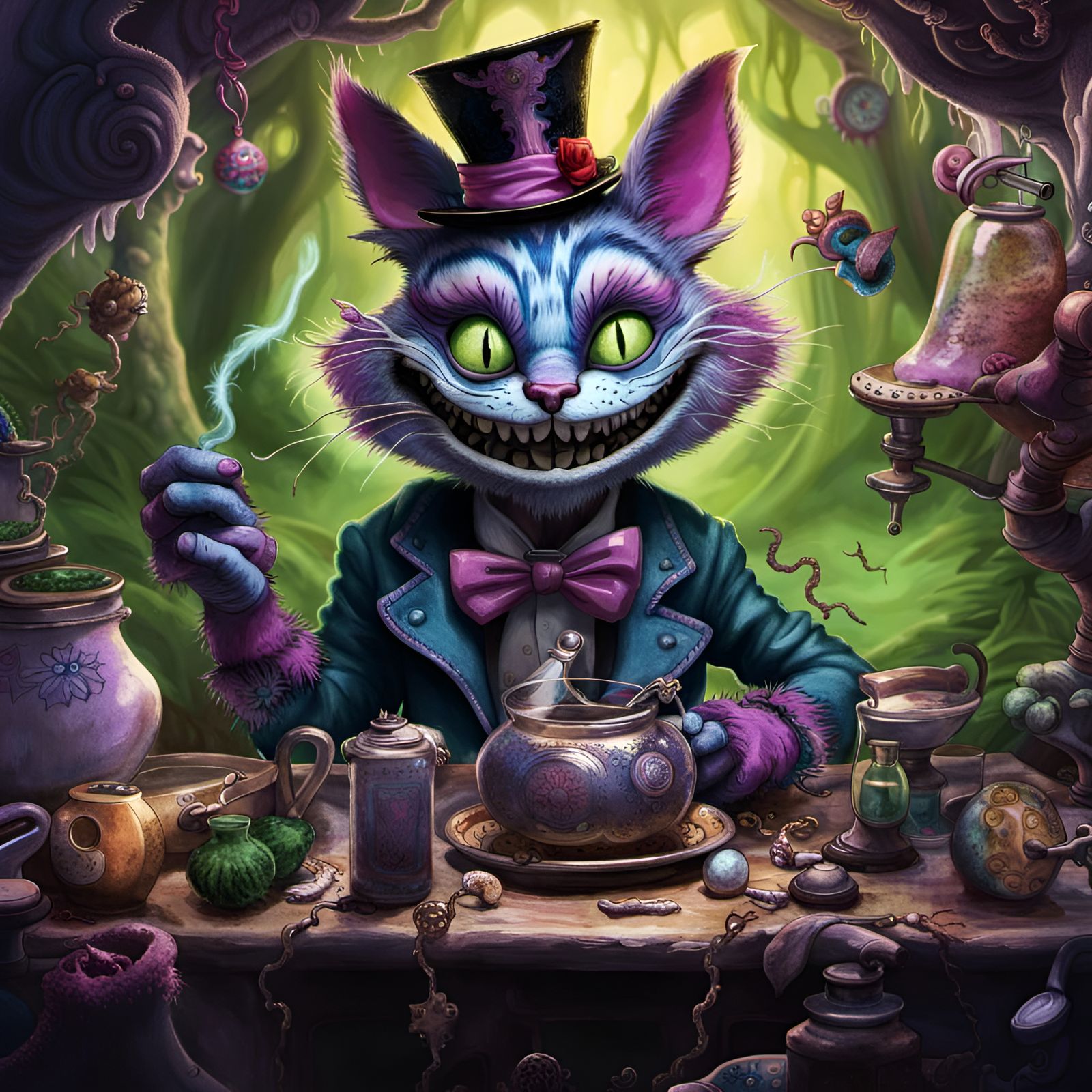 Stoner Cheshire Cat from Alice in Wonderland smoking a bong surrounded ...