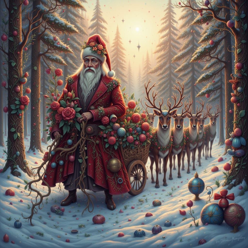 <lora:GazDreamchant:1.0> hyperrealistic winter christmas reindeers pull Santa and his sleigh