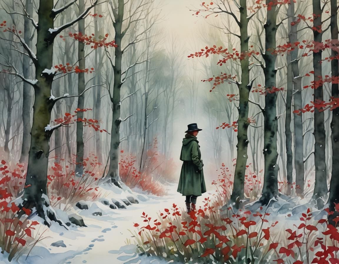 Winter Forest Silhouette in Watercolor Style