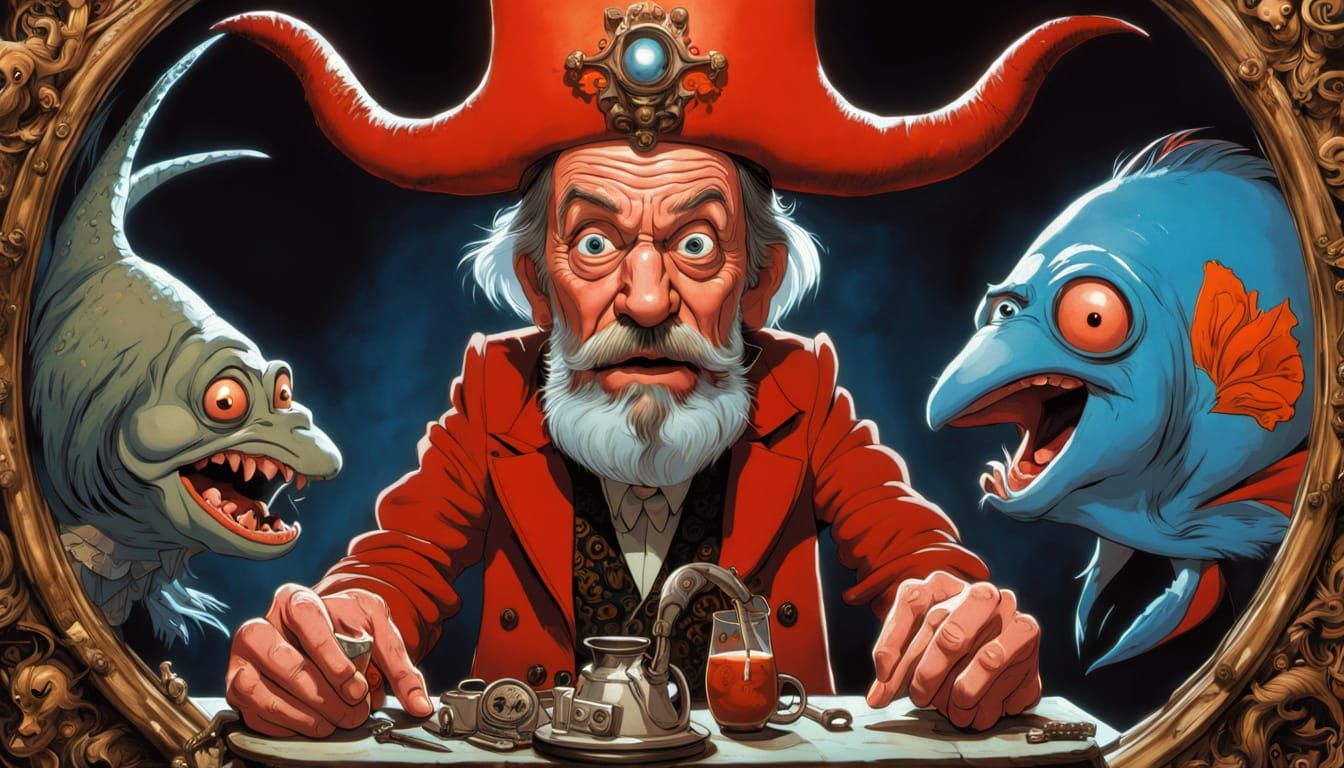 the bizarre, eccentric Baron Munchausen gesticulates wildly while conversing with himself, reflected in three ornate, distorted mirrors. The...