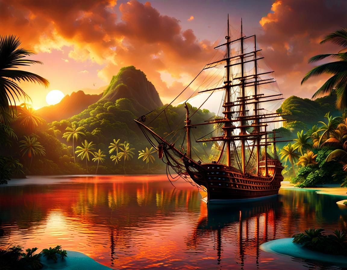 Majestic Sailing Ship In A tropical lagoon at sunset, perfect ...