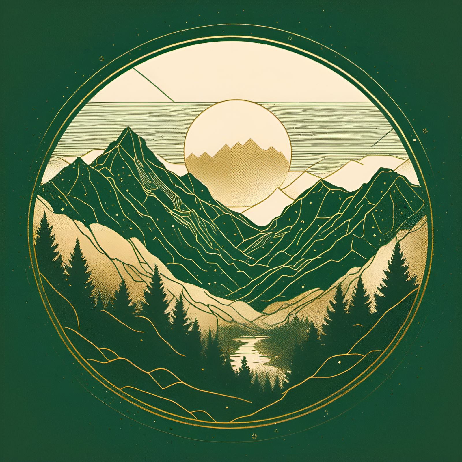 Mountain inside a golden ink halo <lora:Interpolation:1.0> forest green background 