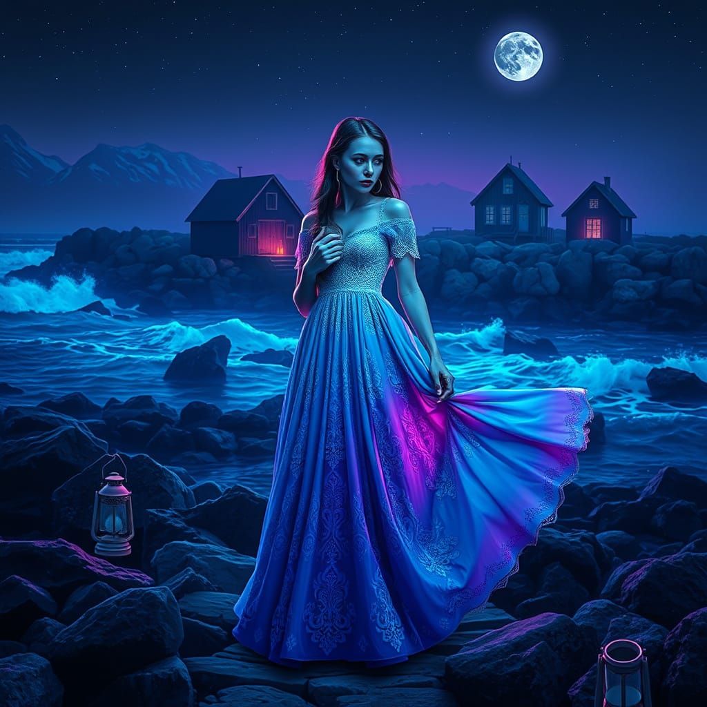 Gothic Vaporwave Goddess Amidst Neon Waves