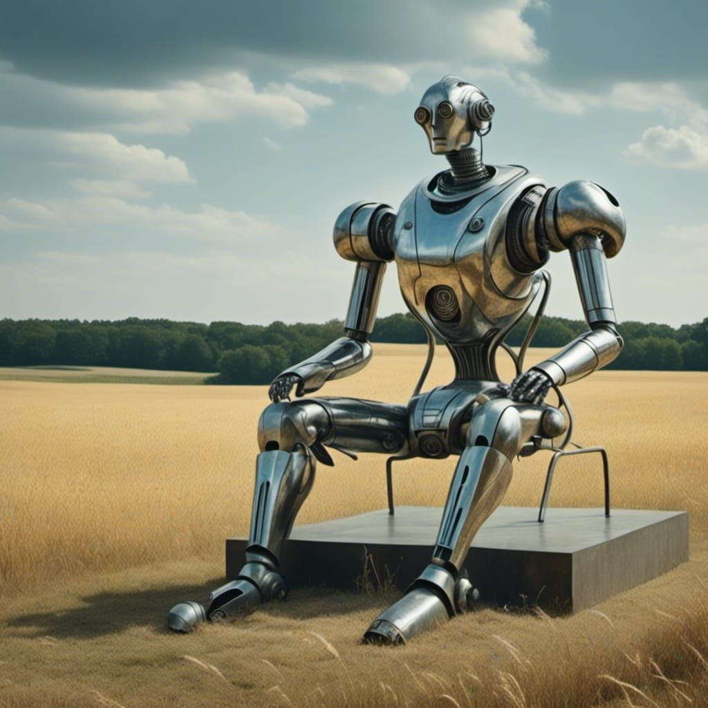 <lora:Dadaist forms:1.0> Amazing futuristic majestic cyborg. In a empty field. Spaceships above. Galctic cinematic high quality, high resolu...