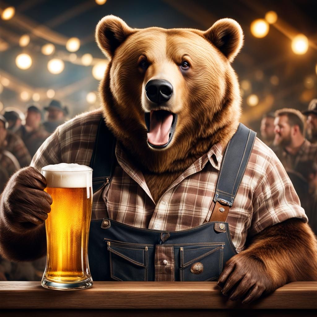 Photograph Portrait of An Excited obese hillbilly Bear drinking beer ...