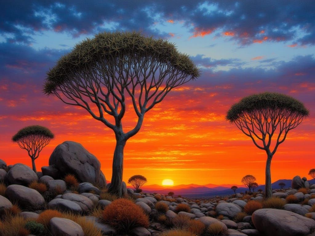 <lora:Africa - Karoo:1.0> Painterly image, low angle view of a towering silhouetted quiver trees against a magnificent sunset backdrop with ...