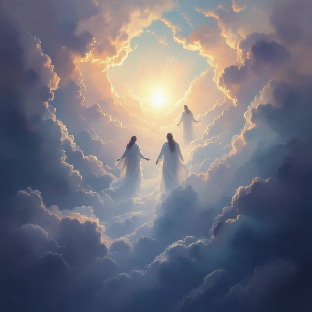 Souls Ascending to Light in Ethereal Landscape