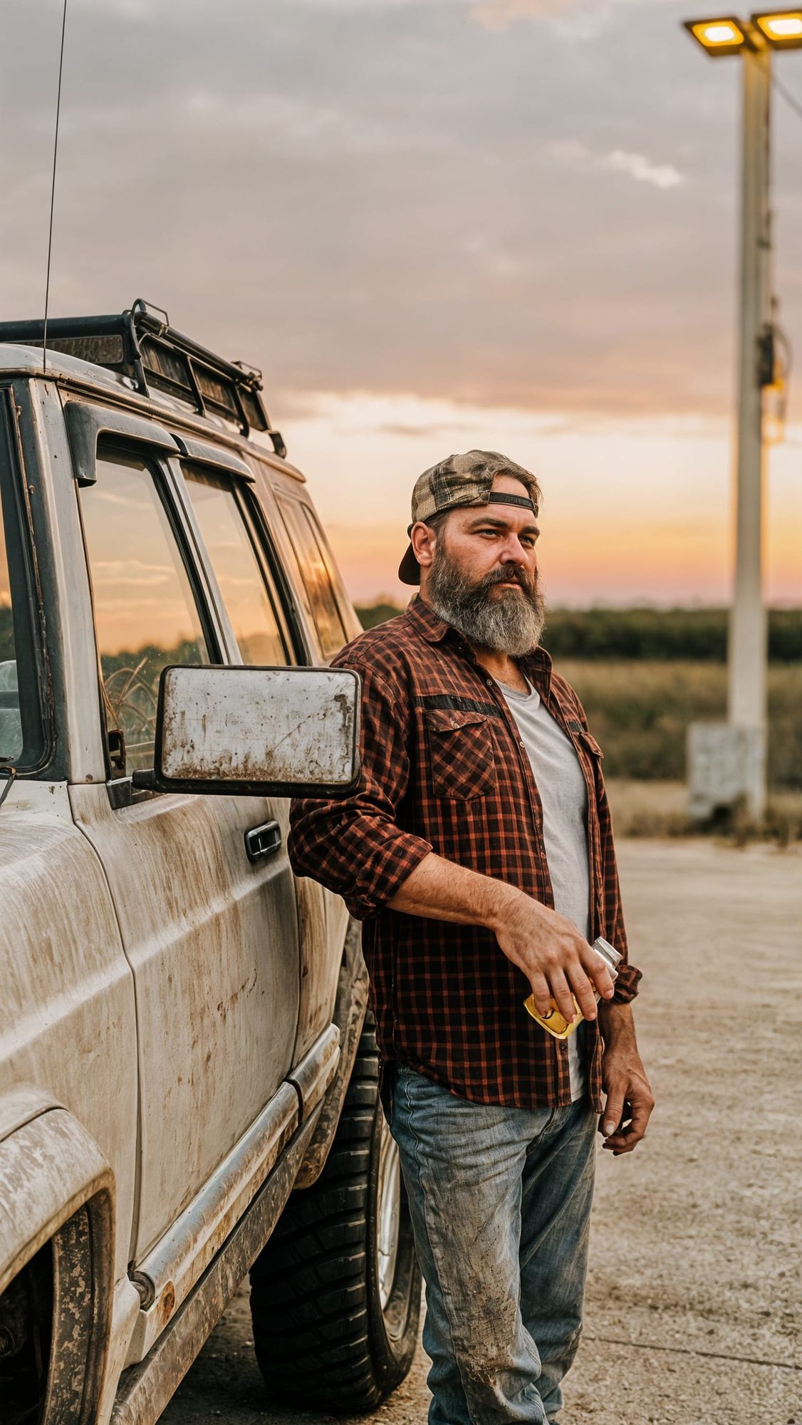 Man standing at driver's side, looking at camera while holding gas pump nozzle inserted into Jeep tank with his right hand, left hand holdin...