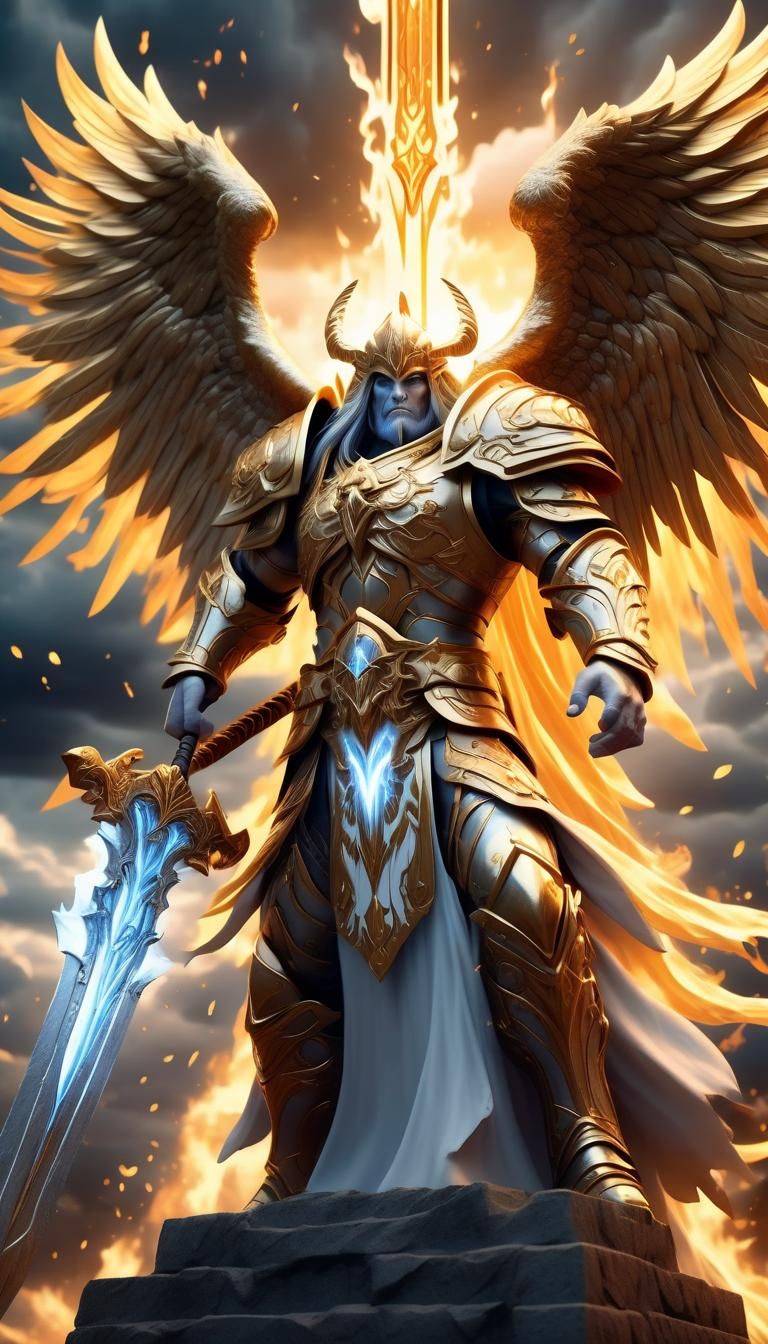 3D World of Warcraft style, hyper-realistic render. Archangel Michael ...