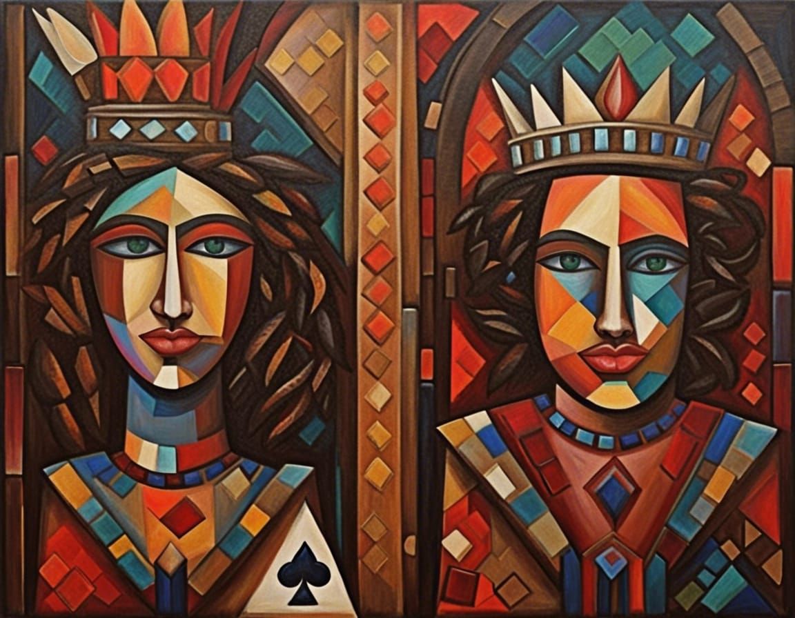 Create an imaginative oil painting featuring the king and queen face