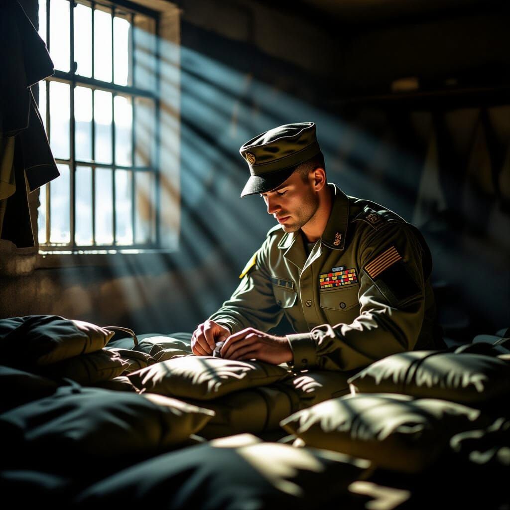 Soldier Organizing Supplies in Realistic Barracks