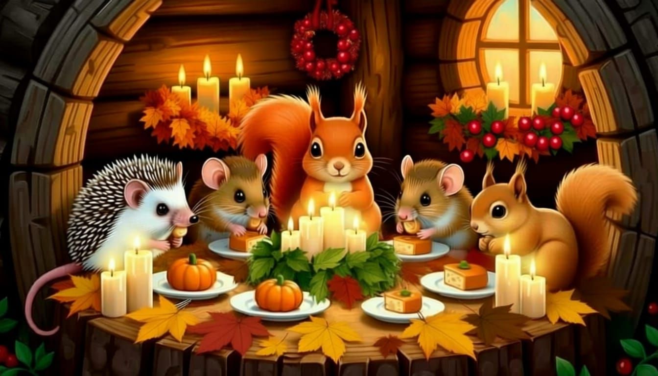 Forest friends gather - hedgehogs, and squirrels and tiny rustic mice, sitting around the Thanksgiving table 