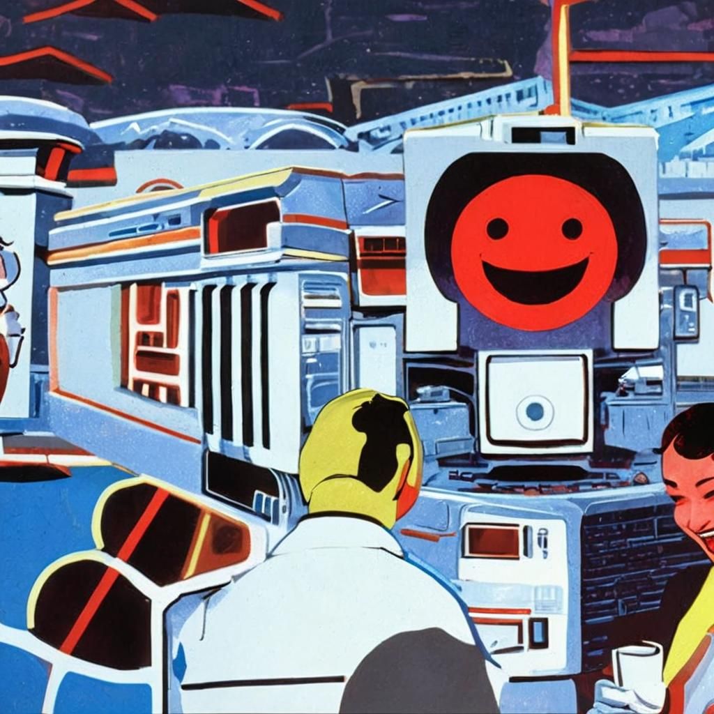 Retro Technicolor style scene of two men and a one woman loo...