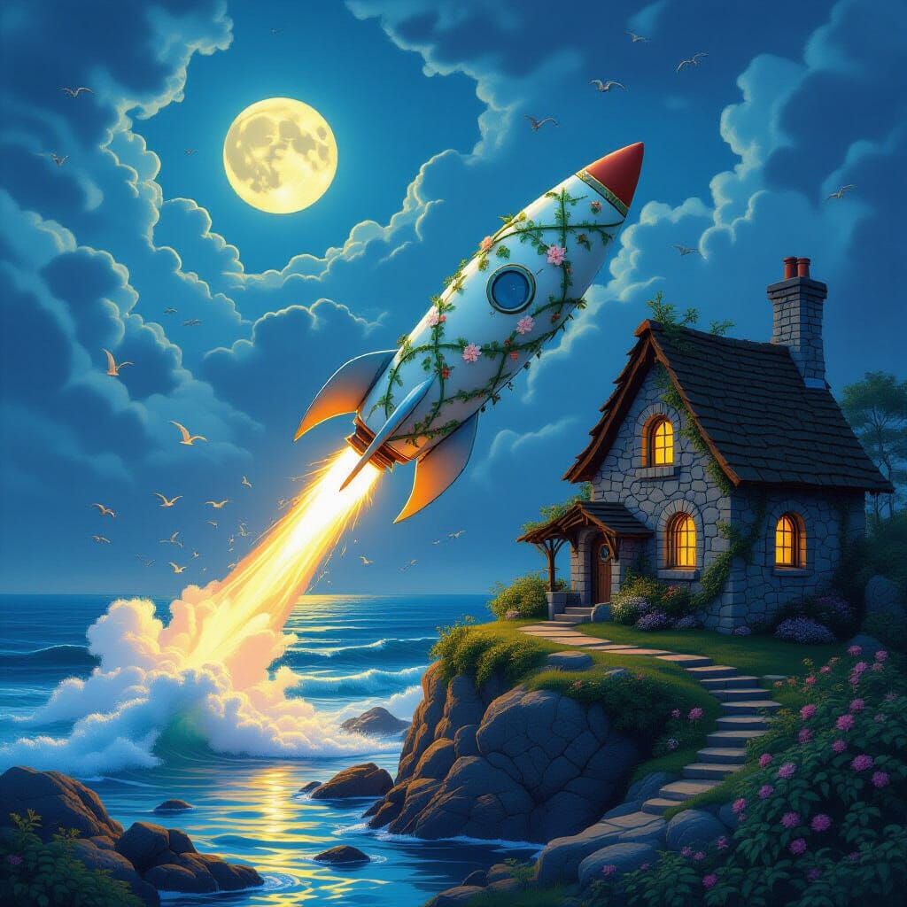 Floral Rocket Launches from Celtic Cottage, Hyperrealistic