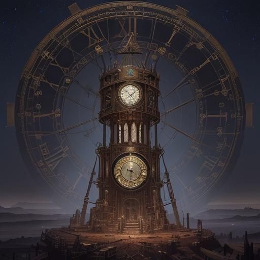 A giant steampunk clock ticking down to midnight beneath the stars ...