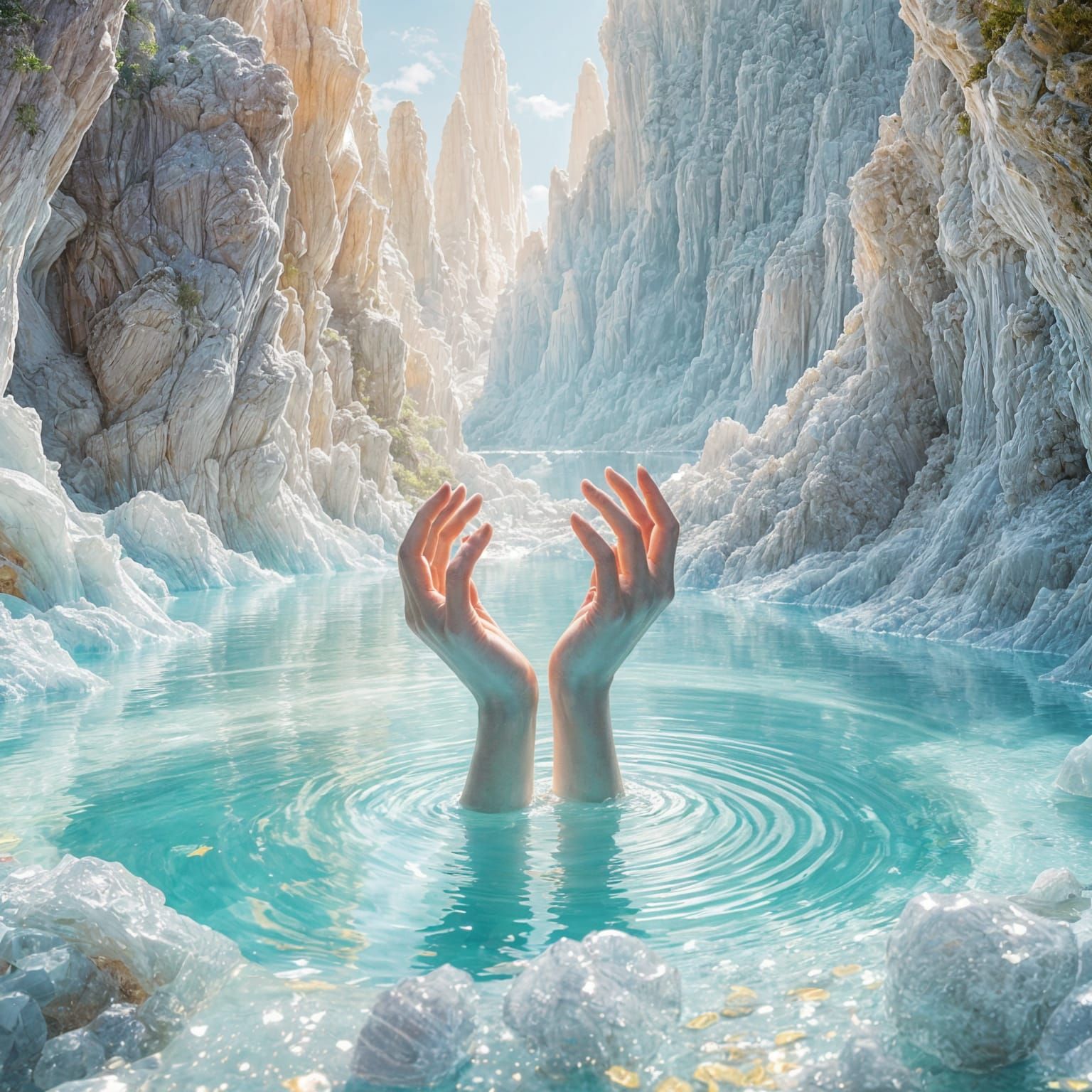 A crystal clear circular pool of water rises out of an translucent gem like mass of rock, bright sunlight, other worldly spires of crystal s...