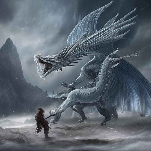 knight fighting a big ice dragon