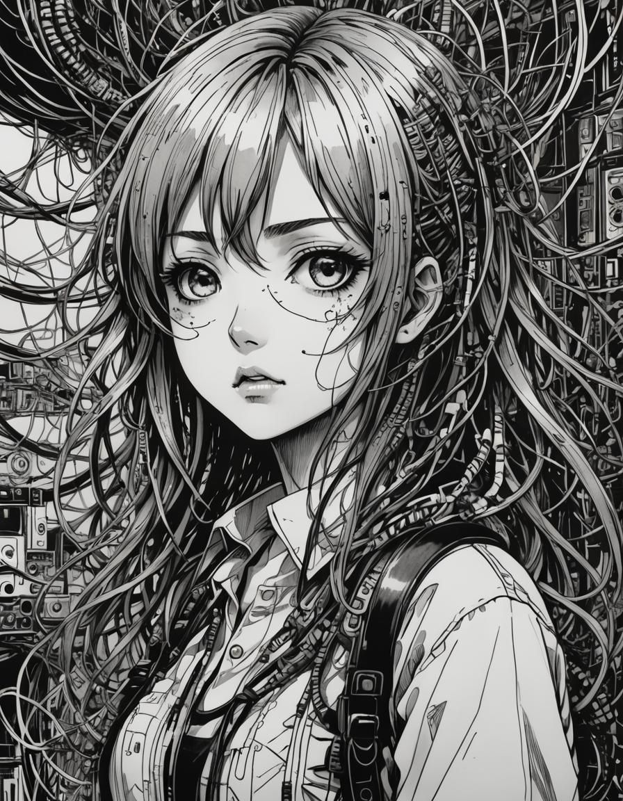 Manga page about a girl got caught with lot of wires, intense details ...