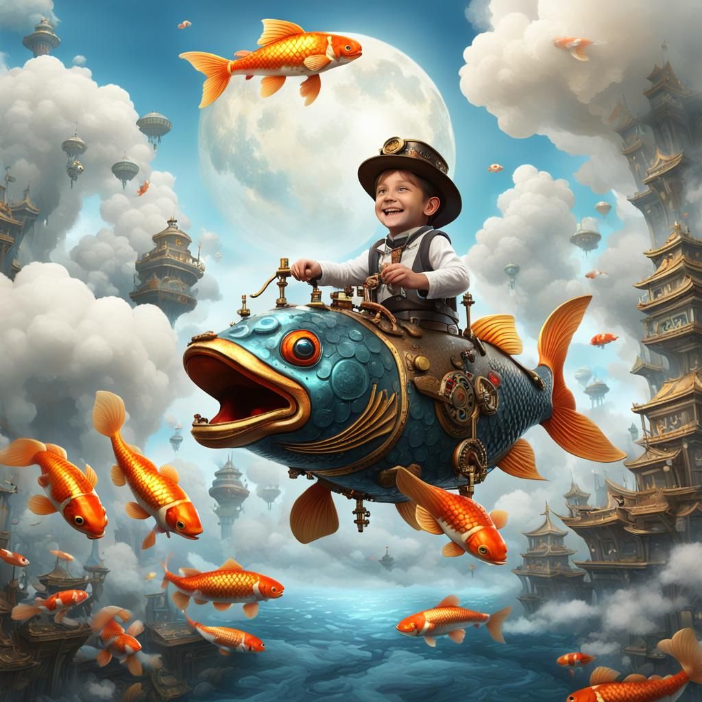 A steampunk robot boy with a big smile rides a giant koi fis...