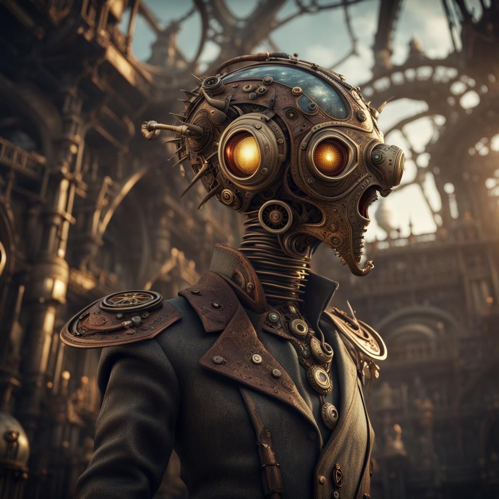 photograph of a steampunk alien taken from a low-angle viewpoint. - AI ...