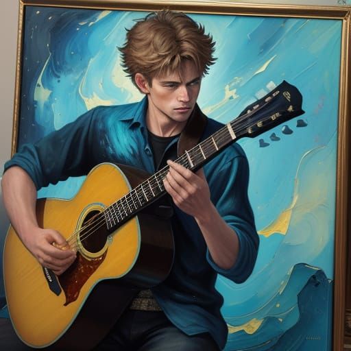 Boy Plays Guitar in Swirling Colors, Impasto Style