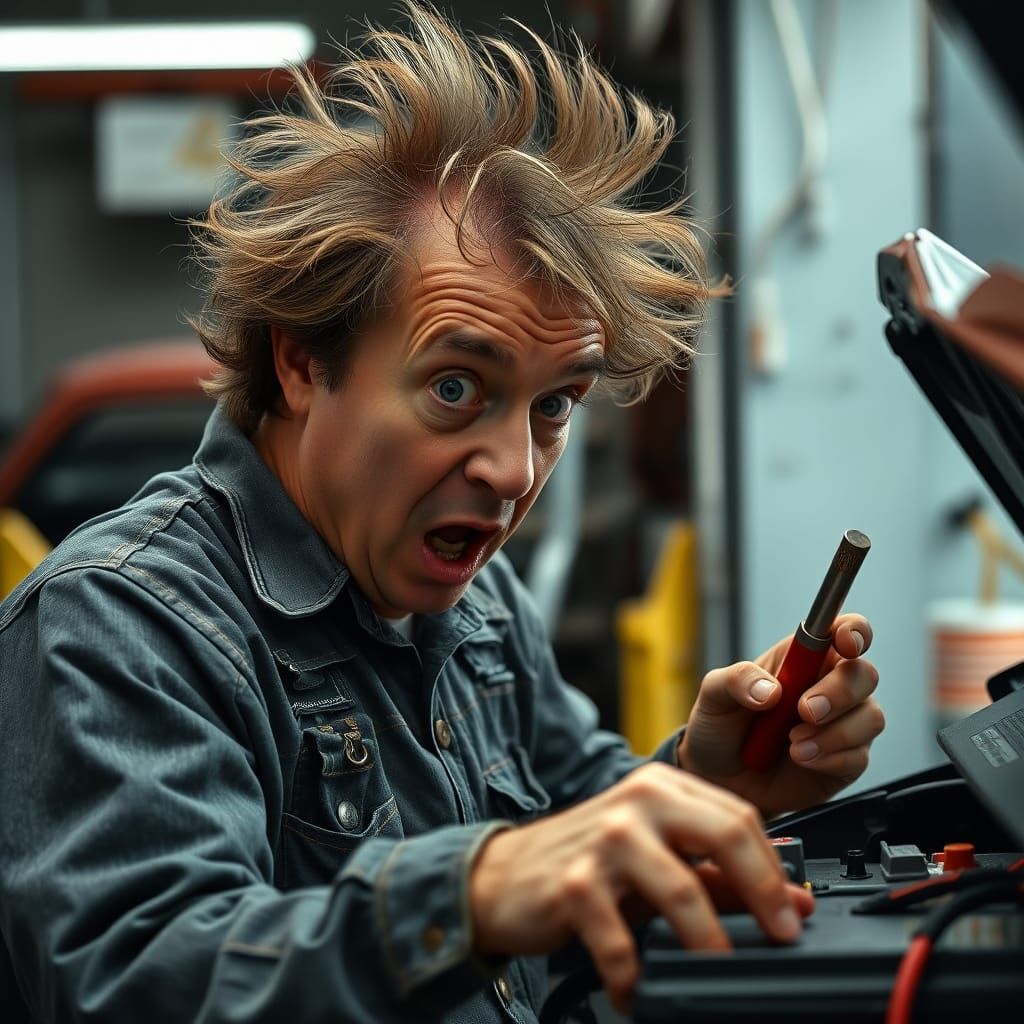 mechanic gets hilariously shocked while changing a car battery,