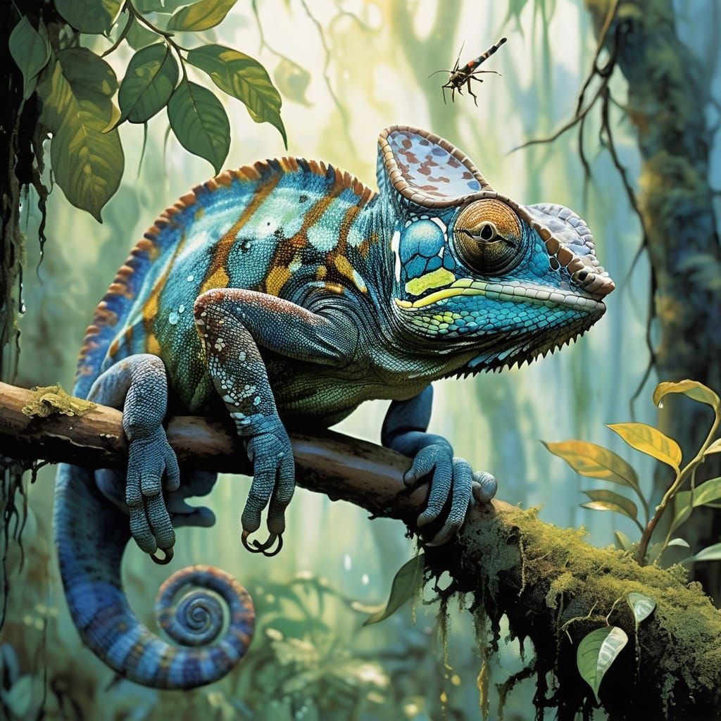 <lora:Exquisite Flux:1.0> "A colourful chameleon with its mouth slightly open as its tongue extends out to catch a fly" with its long tongue...