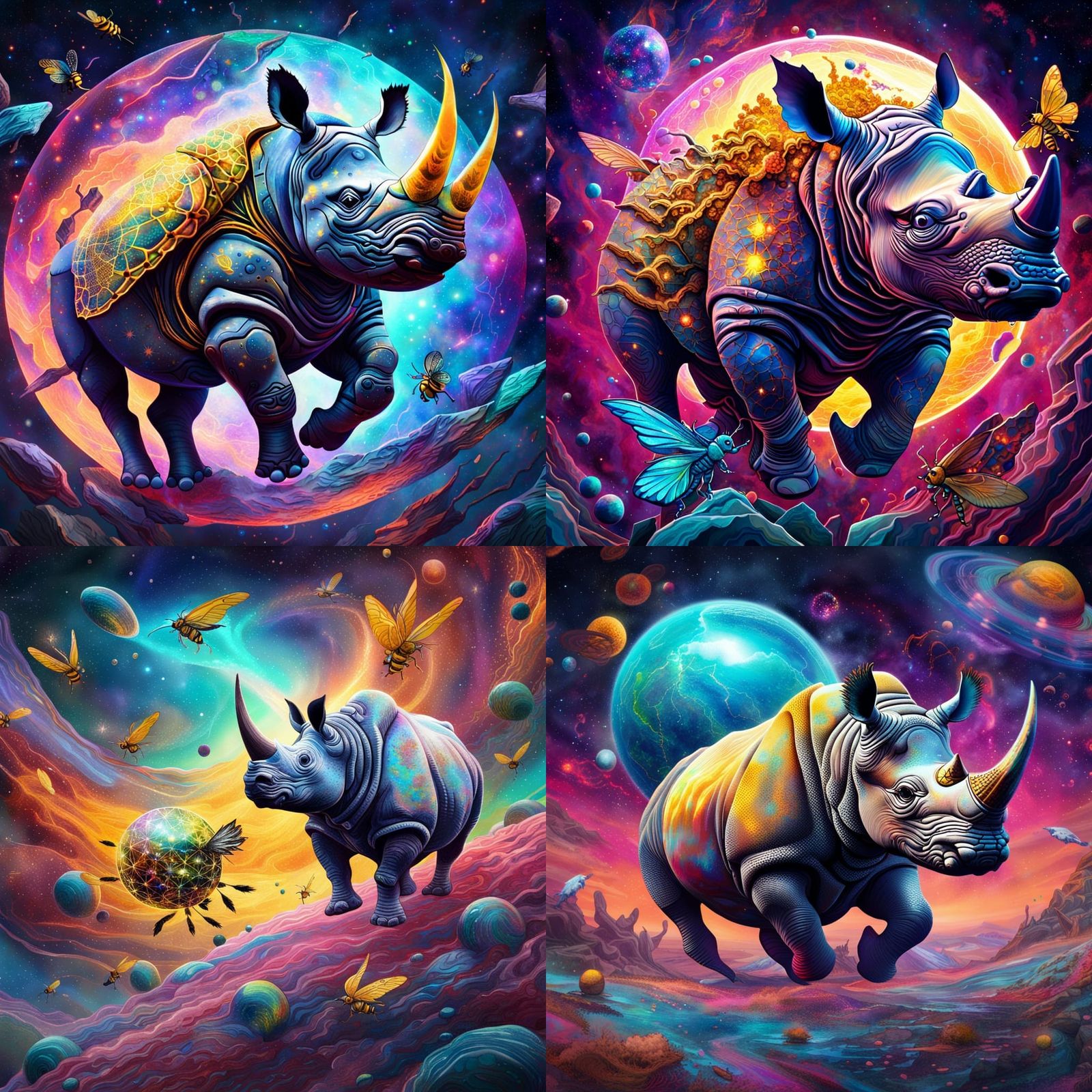 An amalgamation of a Rhino and Wasp, running across a planet...