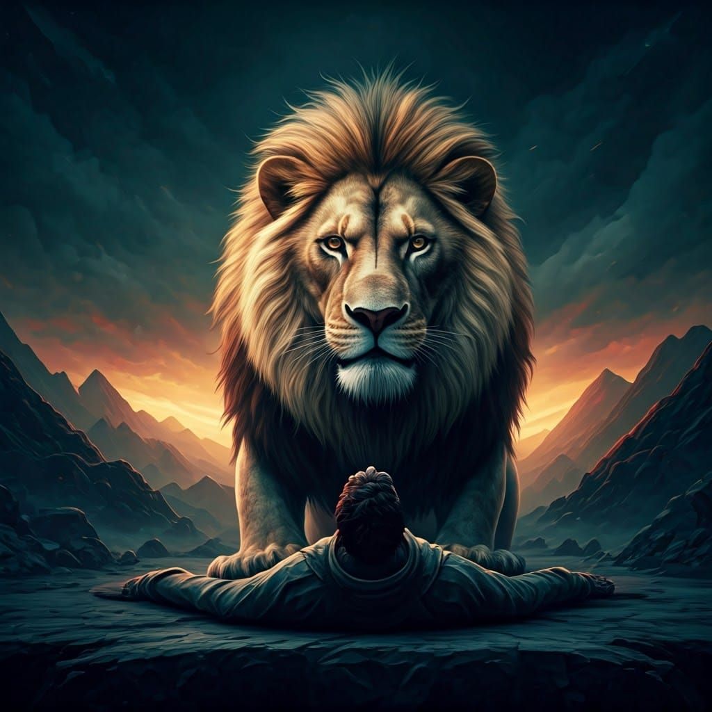 Lion Devours Man in a Futuristic, Mystical Landscape