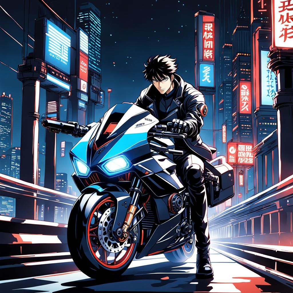 Manga Biker on Futuristic Superbike in Anime Style