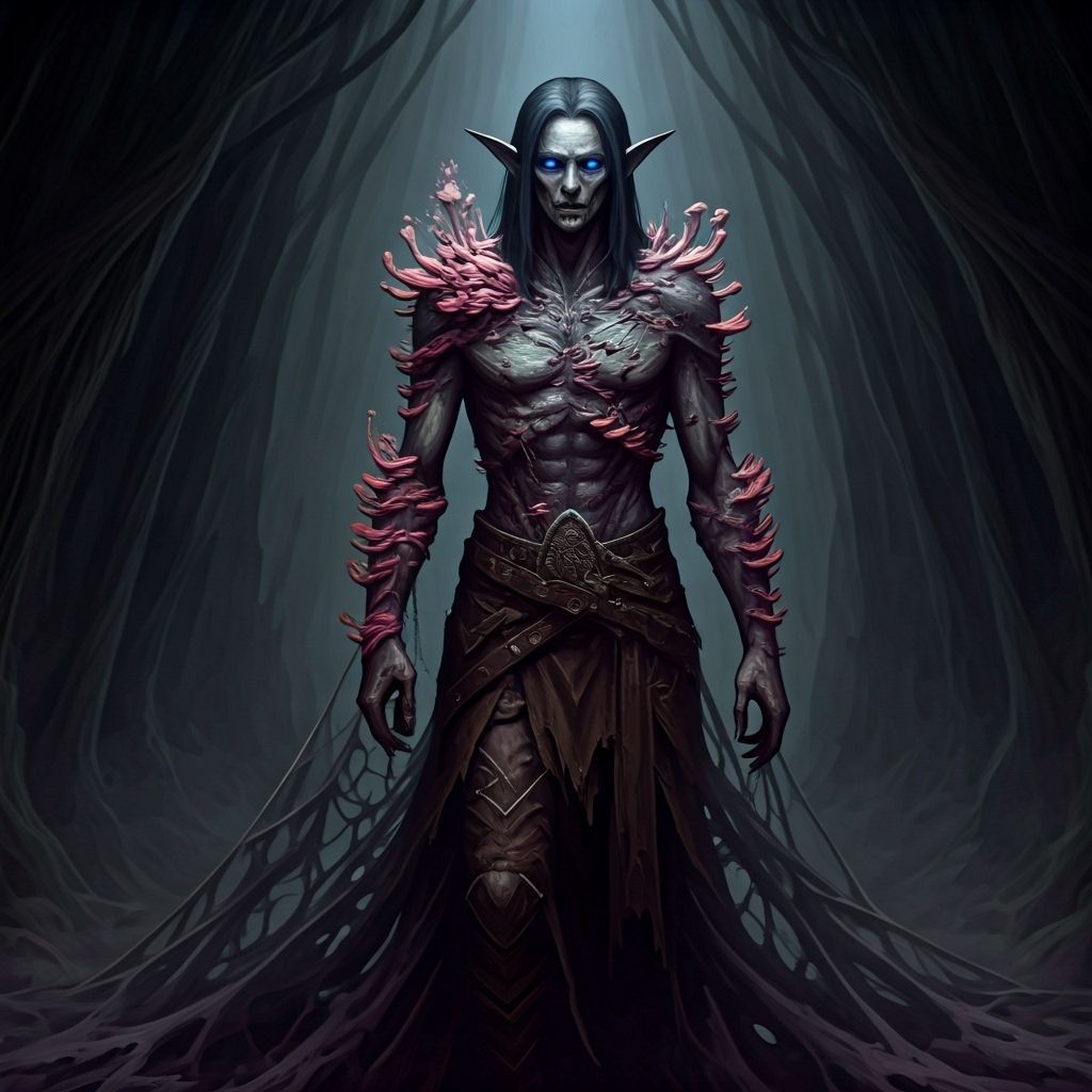 Armin is a decomposing dark elf, his body overgrown with rotten, purple-black fungi. His dead body is covered in mycelium, which grows like ...