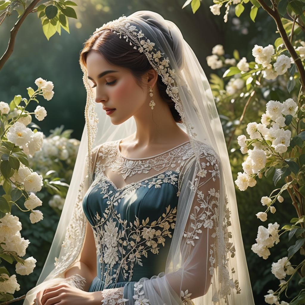 A delicately adorned maiden, her tulle veils woven with intricate embroidered details cascade gracefully ...  by @Marv