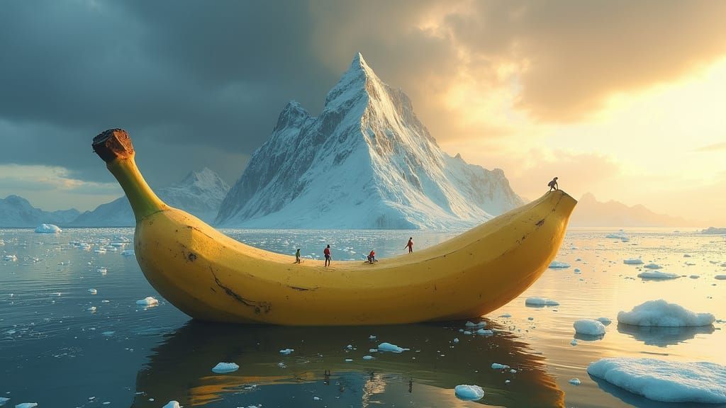  A hyperrealistic image of a banana, cut horizontally in half. Inside, a majestic icy mountain rises, with tiny figures of people climbing i...