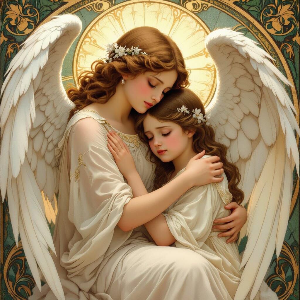 Angel Comforts Sorrowful Girl in Art Nouveau Style