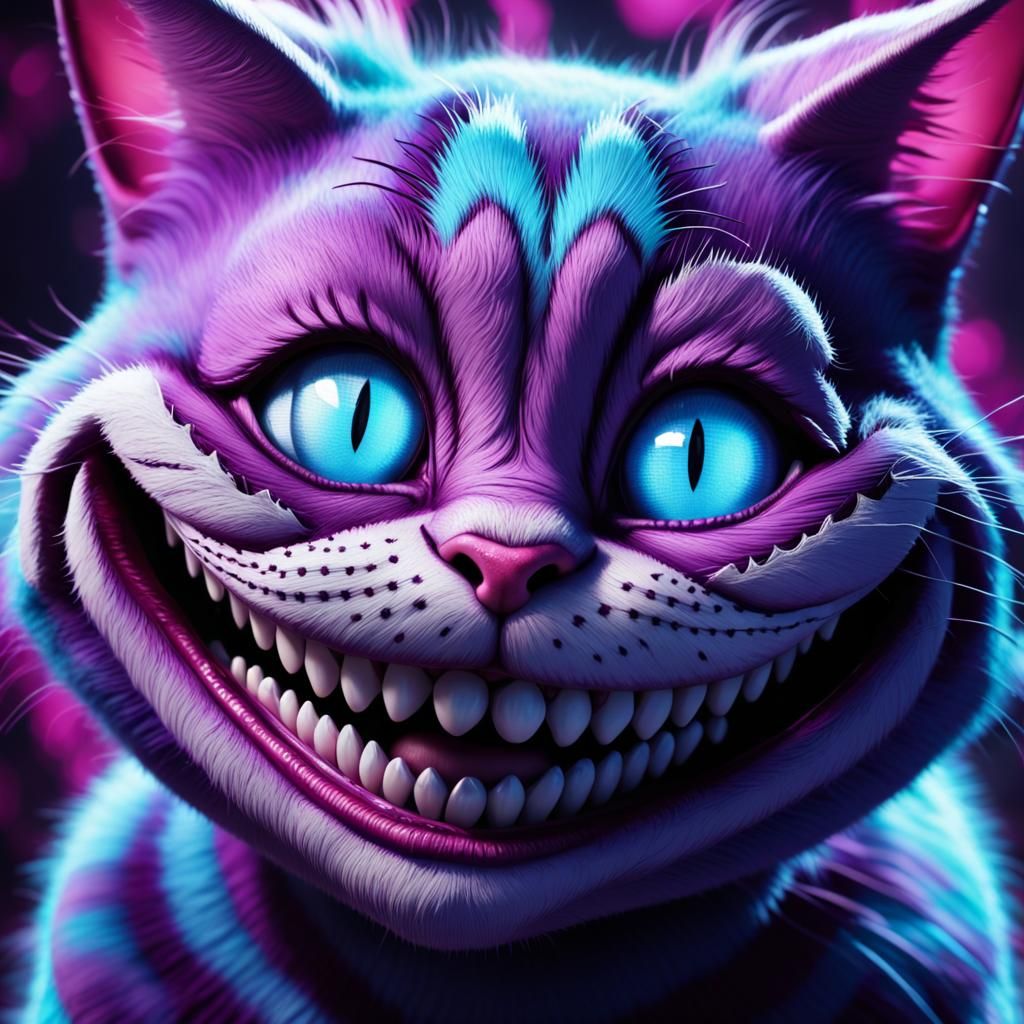 a close up of a Cheshire cat with blue eyes, alice in wonderland 3 d ...