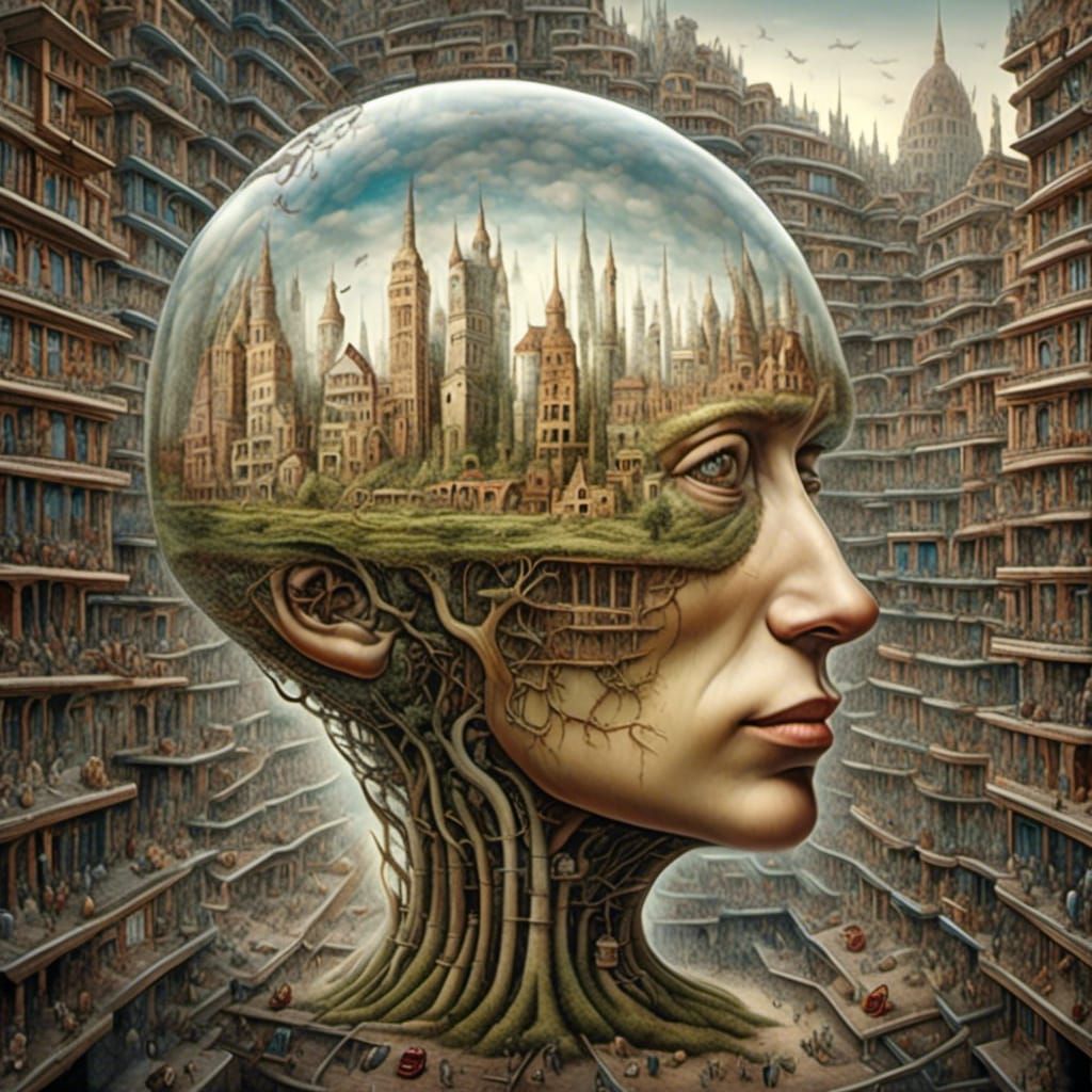 <lora:GlassCore:1.0> glass head with city inside, Hd photography by Peter Gric , by scan of codex seraphinianus, ultrafine detailed, insanel...