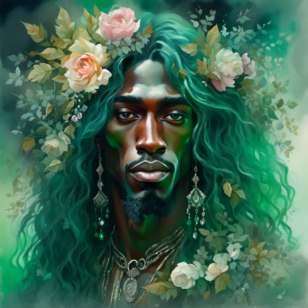 <lora:People and nature:1.0> Young black feminine man, oval soft man's face, plump lips, man with green long hair, floral, flowers, glamorou...