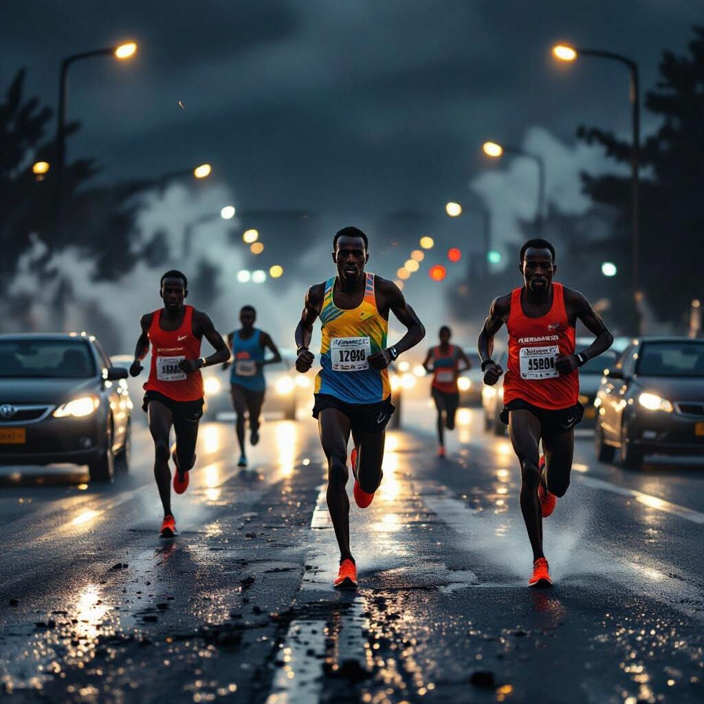 Ethiopian Runners Dodge Traffic in Gritty Matte Painting