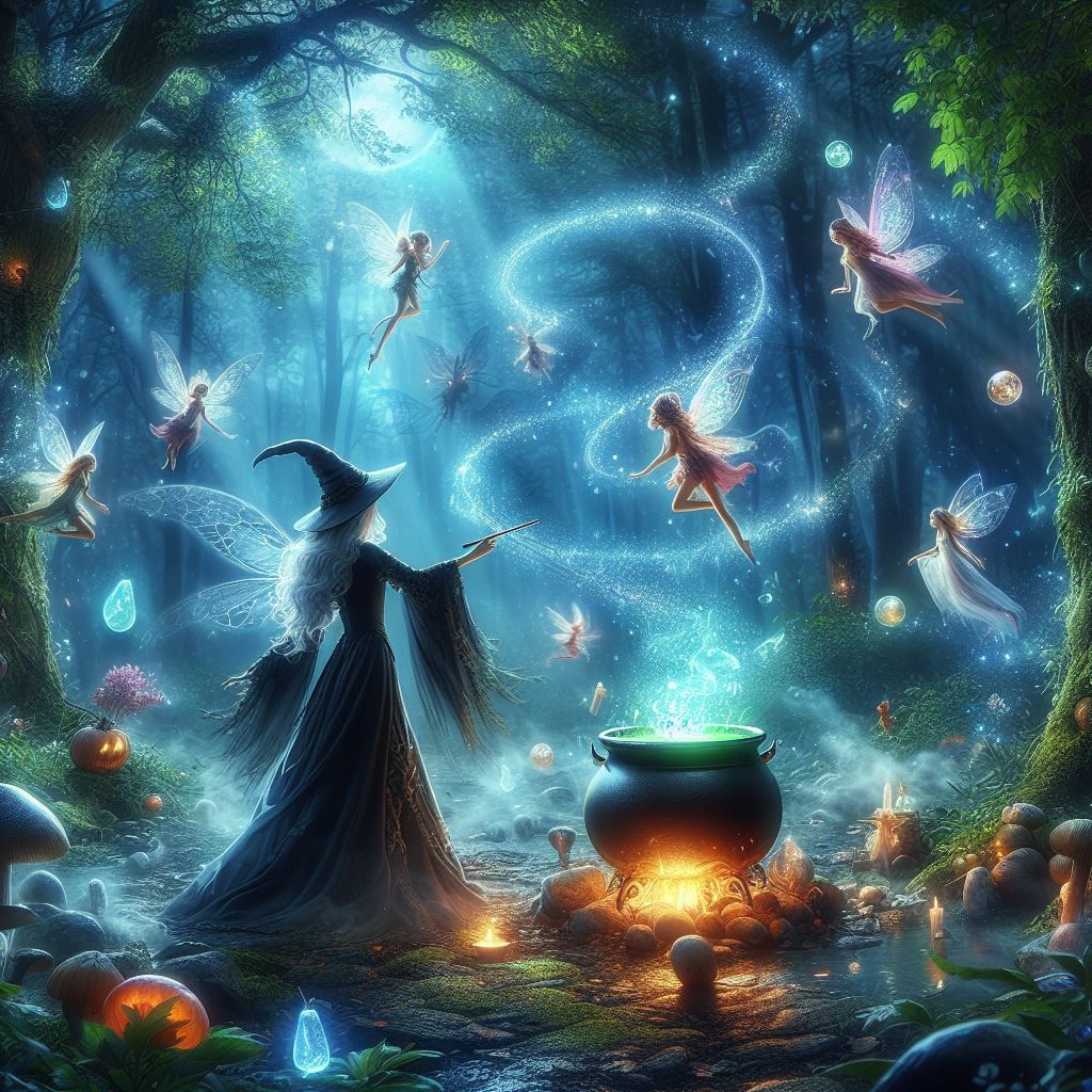 a witch casting spells in an enchanted forest