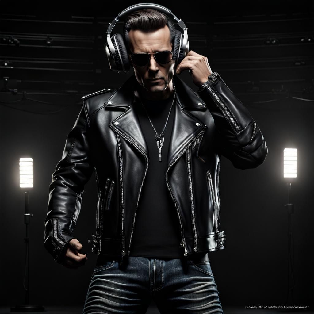 standing. jeans, leather jacket. hands in pockets. skull hea...