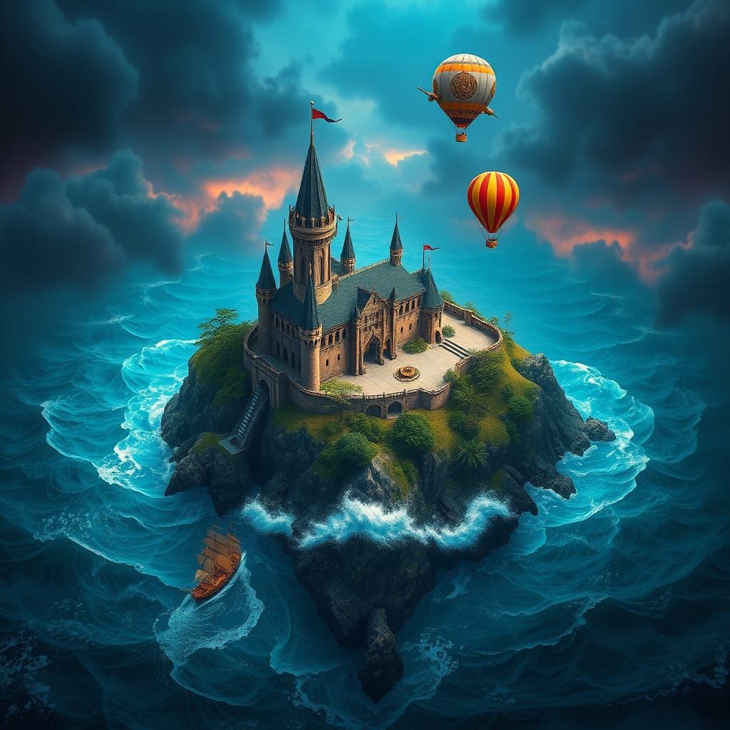Mystical Island Soars Above Turbulent Stormy Ocean
