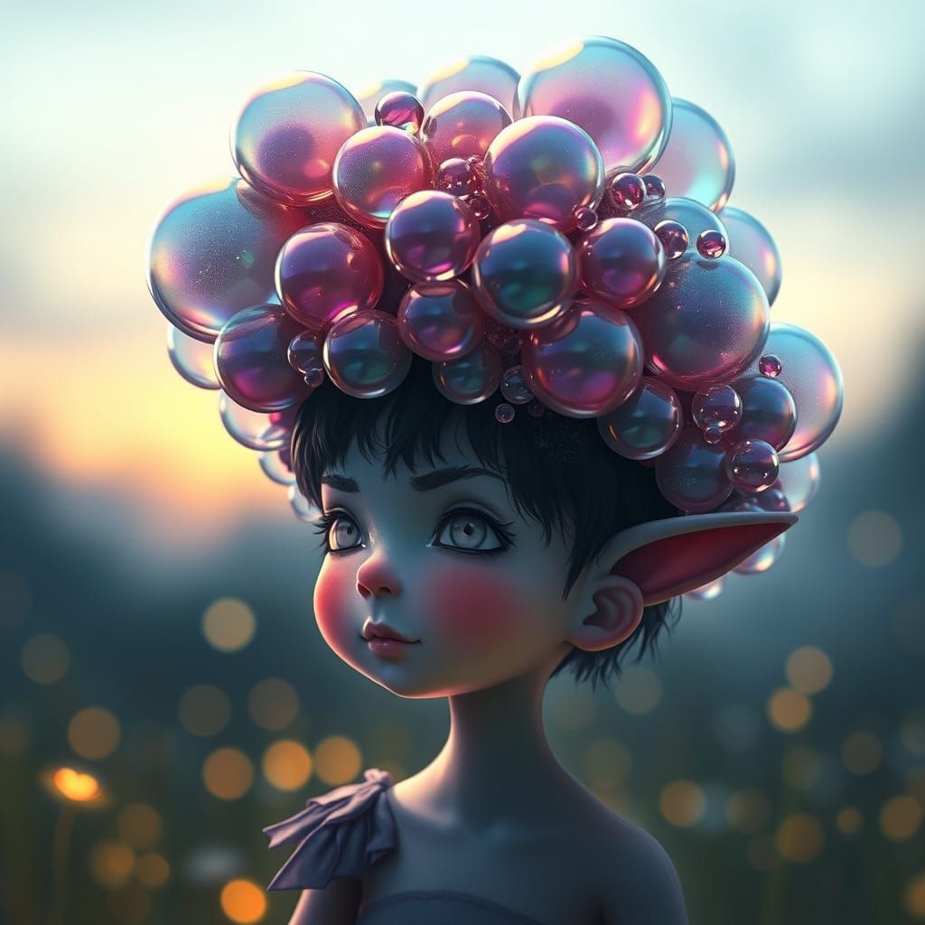 A fantastical hat designed from a cluster of iridescent soap bubbles, shimmering with rainbow hues, balanced ...  by @Muse