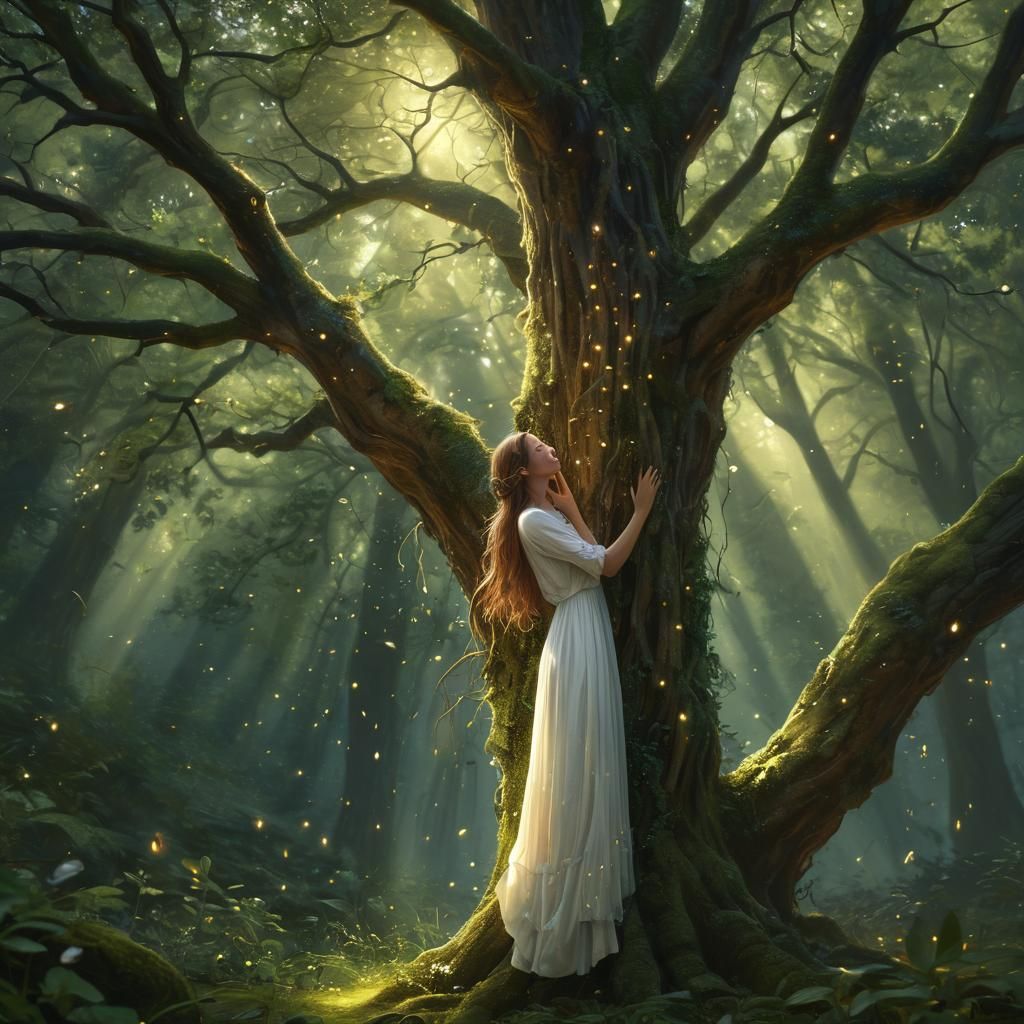 A woman hugging a tree