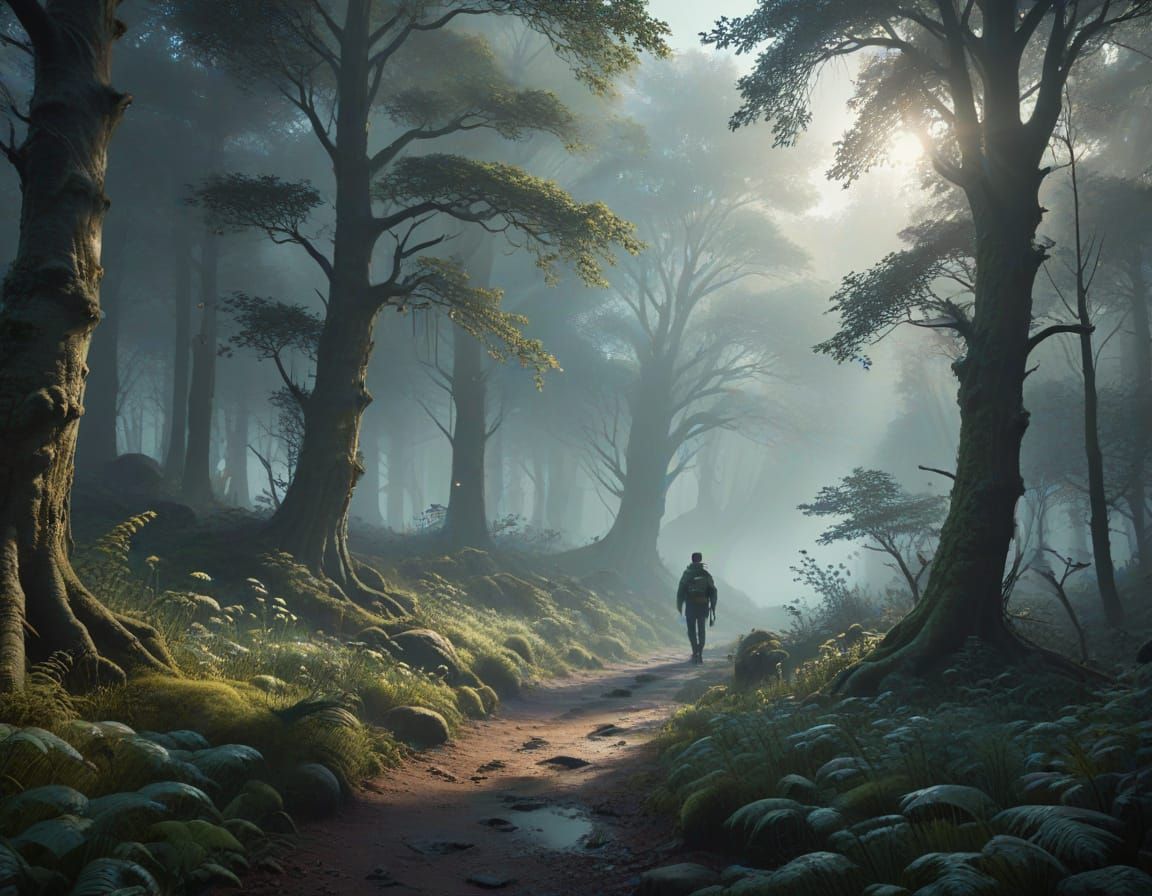  Foggy Forests! a traveler walking through an enchanted cold damp forest where fog glows with soft light with the quiet mystery of trees wra...